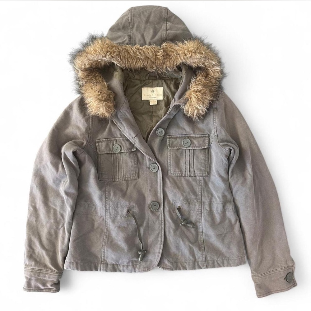 Blanc Noir Jacket Women’s Medium Green Coat Button Faux Fur Hood Military Casual